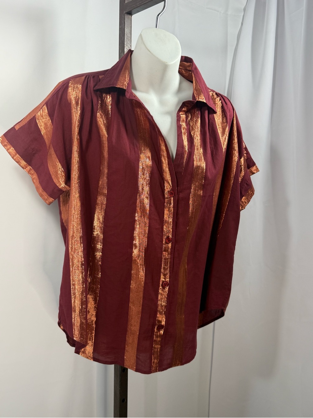 Anthropology Mauve Metallic Copper Striped Button Down | StatementBlouse | M - Picture 4 of 12